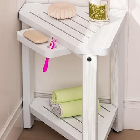 YIGII Corner Shower Stool - Waterproof Bathroom Shower Bench with Adjustable Feet, Non-Slip Corner Bench with Storage Shelf for Shaving Legs, Indoor/Outdoor Use, White Cover