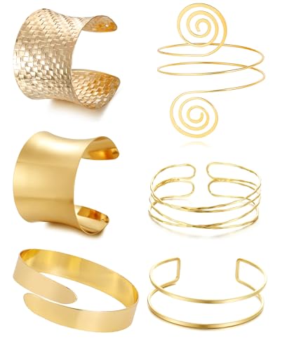 BROCC 6PCS Arm Cuff Upper Arm Band Gold Cuff Bracelets for Women Upper Arm Cuff Bangle for Women Adjustable Armband Set