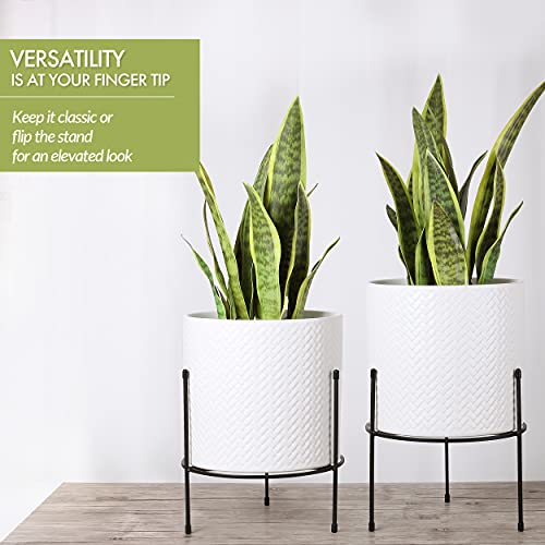 Mid Century Planter With Stand Included - 10 Inch Ceramic Plant Pot With Stand Perfect As An Indoor Planter For Snake Plant - Modern Large Ceramic Planter With Drainage Hole - Planter With Legs, White #TOP1