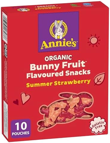 ANNIE'S - FAMILY PACK - Organic Fruit Flavoured Snacks Strawberry, Pack of 10 Pouches, Natural Strawberry Flavours, No Synthetic Colours, Gelatin Free, Gluten Free, Vegan, Snacks