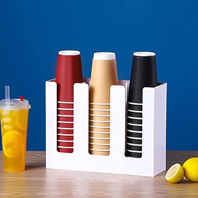 Tirifer Disposable Paper Cup Dispenser, Acrylic Coffee Cup and Lid Storage Organizer Holder, Coffee Milk Tea Shop Restaurant Accessories Christmas Party Supplies, 3 Compartments, White