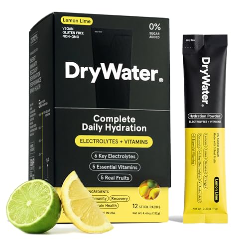 Image of DryWater Electrolyte + Vitamin Hydration Powder Packets - Lemon Lime, 1,000mg Potassium, Real Organic Fruit, NSF Certified for Sport, Nothing Artificial, No Added Sugar (12 Stick Packs)