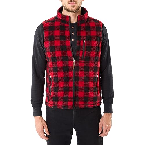 Smith's Workwear Men's Sherpa-Lined Plaid Micro Polarfleece Vest with Zip Pockets
