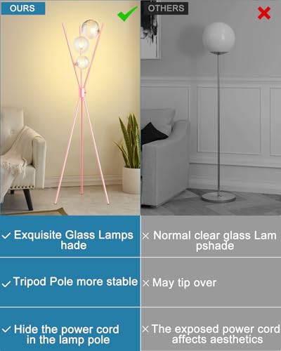 Image of Lightdot Tripod Floor Lamp Dimmable Pink Standing Lamps with Globe Clear Glass Lampshade 3PCS 3000K Bulbs Included Mid Century Modern Floor Lamp for Living Room /Bedroom /Sofa Beside /Corner Decor