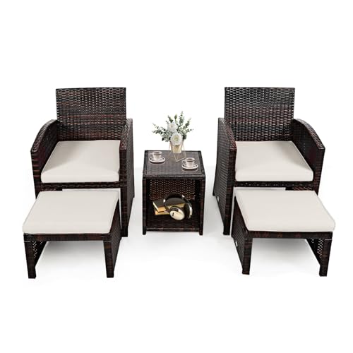 KOMFOTTEU 5 TLG. Rattan Gartenmöbel Set, Balkonmöbel Set mit 1 Rattantisch & 2 Stühle & 2 Fußstützen, Sitzgruppe für 2 Personen, Rattanmöbel & Gartengarnitur für Balkon Terrasse Garten (Beige)