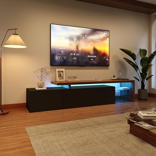 Mueble de TV LED con 3 cajones, mueble extensible para TV moderno con cajones, armario de TV con almacenamiento abierto, marco de madera, mesa de TV para salón dormitorio (negro-2, 200x39x42)