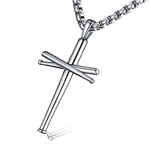 XIEXIELA Baseball Cross Pendant Necklace.Baseball Bats Athletes Stainless Steel Crucifix Pendant Chain Necklaces 22' Rope Chain for Men Women Silver
