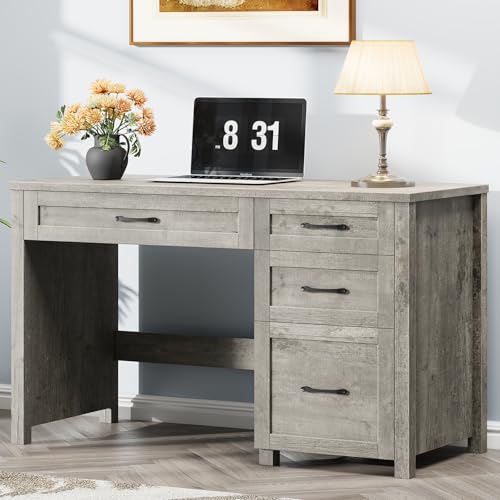 Image of Farmhouse 47 inch Executive Desk with File Drawer, Wood Computer Desk with 4 Storage Drawers, Workstation for Home Office, Study, Writing. (Grey)