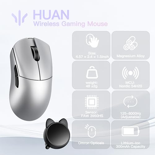 Image of WLMOUSE Huan 48g Ultra-Lightweight Magnesium Alloy Gaming Mouse,8K Voice & Display Receiver, Dual 8K Wireless /Wired, PAW3950HS Sensor, RGB Wheel Lighting, Nordic 54H20 (Silver(OM Switch))