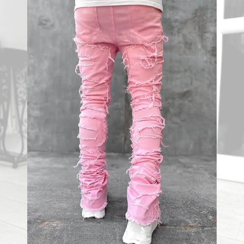 DGHM-JLMY Men's Slim Fit Stretch Stacked Jeans Straight Leg Skinny Denim Pants Distressed Frayed Hip Hop Jeans Trouser3