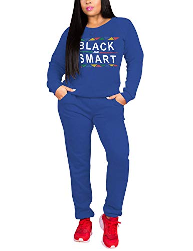 Womens Casual 2 Piece Outfit, Letter Print Long Sleeve Crewneck Tops Long Pants Set Tracksuits Blue XL