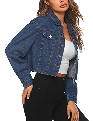 HOTLOOX Women's Oversize Cool Washed Denim Jacket Long Sleeve Classic Loose Jean Trucker Jacket Navy Blue M