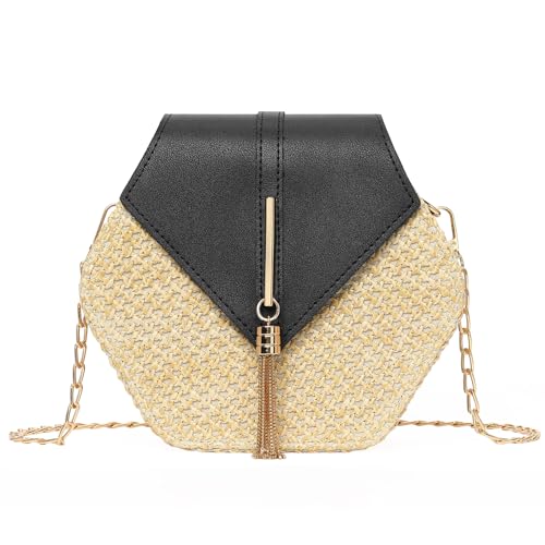 GOIACII Straw Women's Crossbody Bag Summer Shouler Small Purse Beach Bag with Metal Chain Tassel