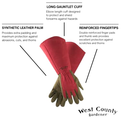 West County 054R/M Gauntlet Rose Gloves – Medium, Ruby, Gardening Gloves W/ Elastic Wrist, Reinforced Fingers, Palm, And Thumb #TOP1