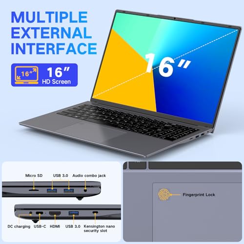 Image of DERE Laptop,16 inch Laptop Comupter,Win11 | 16GB RAM 512GB SSD | Celeron N5805 | 2.5K QHD IPS Display|Fingerprint Unlock|Backlit Keyboard|WiFi 6|HDMI for Study,Business,Working,Sliver Gray