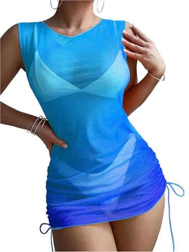 Image of ZAFUL Women Swimsuit Cover Up Dress Ombre Side Ties Sleeveless Sheer Mesh Bathing Suit Coverups Beach Dress
