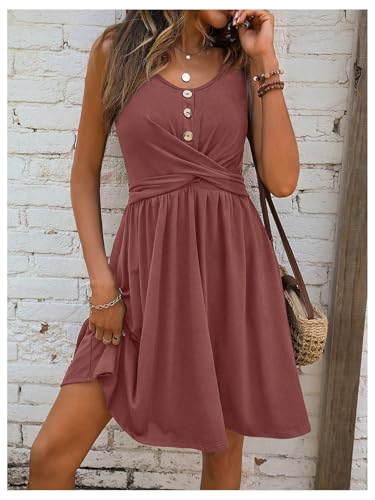 Image of SweatyRocks Women's Twist Button Front A Line Short Dress Scoop Neck Sleeveless Flared Dresses