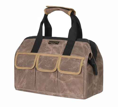 Tool Bag, Durable 16oz Waxed Canvas Wide Mouth Water-Resistant Electrician Tool Bag, Tool Tote with Handle for Tools, Wrenches, Screwdrivers (15 X 7.8 X 11.5 Inch) | Grey
