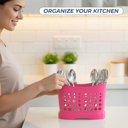 Ketayle 2 Compartments High Grade Plastic Sink Tidy Fuchsia | Round Cutlery Drainer Caddy Holder, Utensil Drainer for Home and Kitchen Sink Cleaning Up - Image 5