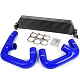 G-PLUS Black Twin Intercooler & Blue Hose Kit, Compatible With VW Volkswagen Golf R GTI MK7 Upgrade