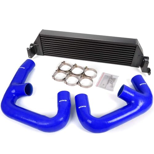 G-PLUS Black Twin Intercooler & Blue Hose Kit, Compatible With VW Volkswagen Golf R GTI MK7 Upgrade