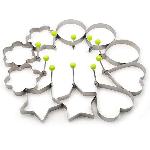 10 Pack Stainless Steel Pancake Molds for Griddle & Egg Shaper for Frying Pan, Effortlessly Create Fun Shaped Pancakes, Eggs & Omelettes, Multiple Fun Shapes Perfect for Breakfast & Family Cooking