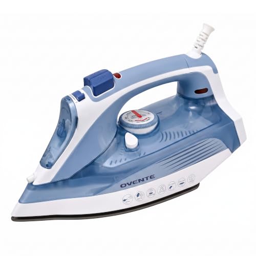 Image of OVENTE Steam Iron, 1200W, Non-Stick Soleplate, 350mL, Blue IRNL77BL | With Water Spray Function, Precise Thermostat Dial, Auto Shutoff, Self-Cleaning, Anti-Drip, Ideal for Ironing Fabrics