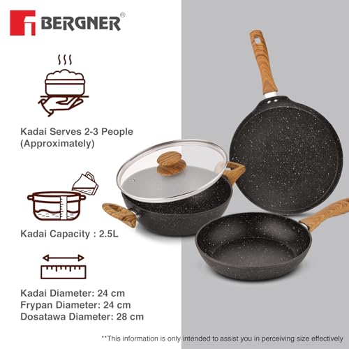 Image of Bergner Ivory Black Granite Non-Stick 4 Pcs Cookware Set - 24cm (2.5L) Kadai with Glass Lid, 24cm Frypan, 28cm Dosa Tawa, Forged Aluminium, Soft Touch Handle, PFOA Free, Induction and Gas Stove Ready