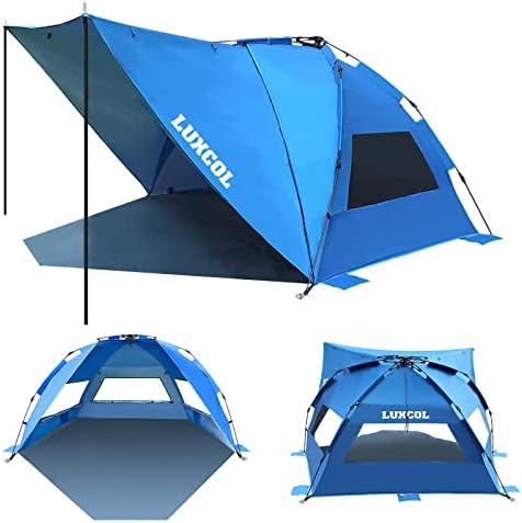 Beach Tent Sun Shelter, LUXCOL 6 Person Pup Up Sun Tent Portable Shade UPF 50+ Double Silver Coating Extra Large Folding No-Installation Tent with Removable Awning, Family Travel Tent Blue