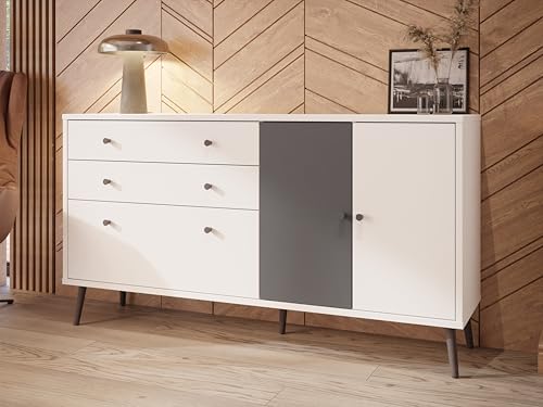 EasyKlix HARLLSON Cassettiera 160 cm con tungsteno uniforme credenza con 2 cassetti e 3 ante gambe alte in legno 160 cm larghezza x 86 cm altezza x 41 cm profondità grigio bianco