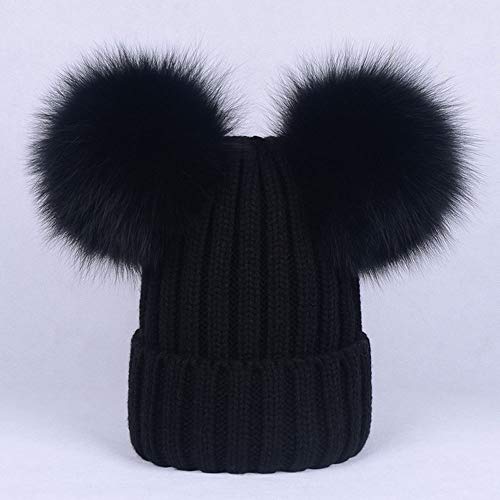 HK Sombrero de Invierno Nuevo, Sombrero de Bola Doble de Piel para Mujer, Sombrero de Lana, Bola de Piel de Zorro de Imitación, Gorra de Bola Sombrero de Punto Cálido,Black