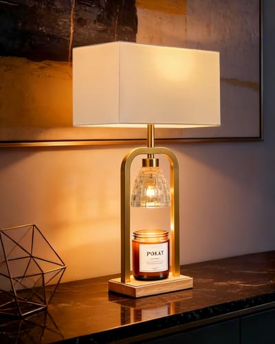 PoKat Gold Table Lamp Candle Warmer, Candle Warmer Lamp with Timer Dimmer, Wax Light Warming Table Lamp for Jar Candles, Modern Bedside Lamp for House Warming Home Decor Living Room, Bulb Included