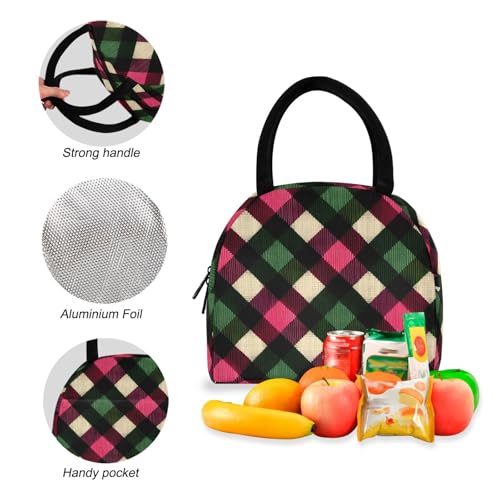 Green Red Checkered Print Backpack Set with Lunch Bag, Large Capacity Travel Backpacks and Lunch Box Insulated for Commute Hiking Picnic4