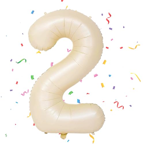 Foil balão número 2, VUCDXOP 101 cm cor creme balão de aniversário 2, balões de hélio número 2, decoração 2 aniversários crianças, balões gigantes para festas, voam com hélio