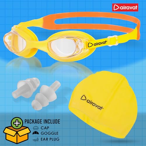 Image of AIRAVAT Hydro 0027 Swimming kit, Swimming Set With Swimming Goggle Nose & Ear Plug And Swim Cap | Optic Quality Poly carbonate Lenses, 100% UV Protection Anti-fog Coated, Ultra Durable (Yellow)