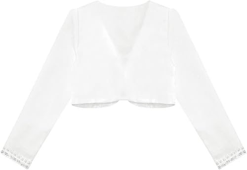 Kids Satin Beaded Flower Girl Bolero Shrug Dress Coat Long Sleeve Cardigans Short Jacket Formal Cover up White 4