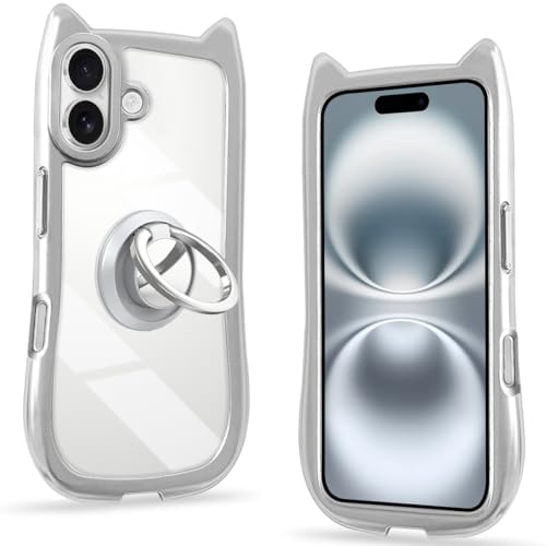 iPhone 16 ケース クリア カバー TPU 猫耳 リング付き 隠しスタンド 背面ガラス かわいい おしゃれ スタンド付き ストラップホール アイフォン16 スマホケース 多機能 全面保護 落下防止(シルバー)