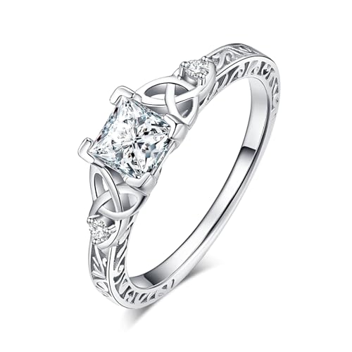 JewelryPalace Vintage Engagement Rings for Women, 14K White Gold Plated Cubic Zirconia Promise Rings for Her, Anniversary Celtic Knot Princess Cut Solitaire Simulated Diamond Ring Size 8