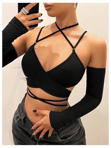 SHENHE Women's Criss Cross Strappy Wrap Crop Top Long Sleeve Halter Sexy Going Out Tshirt4