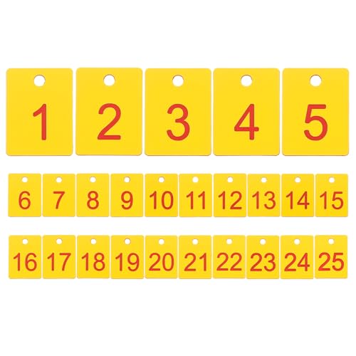 PATIKIL 25 etiquetas rectangulares con números del 1 al 25, 3 x 4 cm, etiquetas de plástico numeradas con agujero para organizador, dibujo, premios, ventas de campo, etiquetas de ropa, amarillo y rojo
