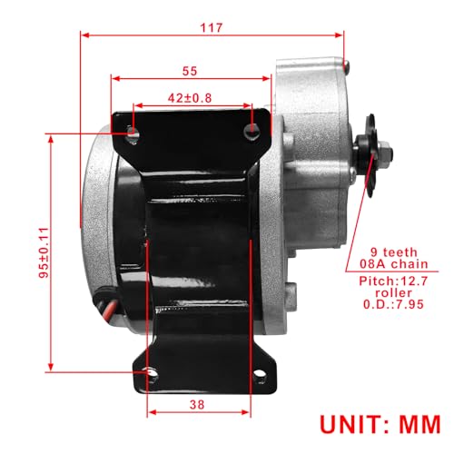Bemonoc MY1016Z3 24V 350W Gear Reduction Electric Motor, side view with sprocket