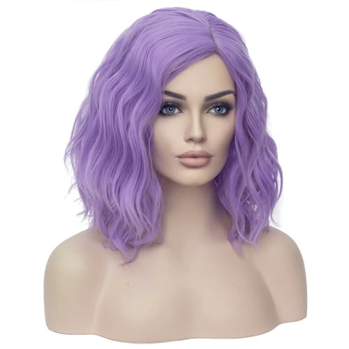 Image of BERON Purple Short Wig for Women Girls Curly Bob Wavy Hair Wig Colored Body Heat Resistant Synthetic Cosplay Party Daily Wigs