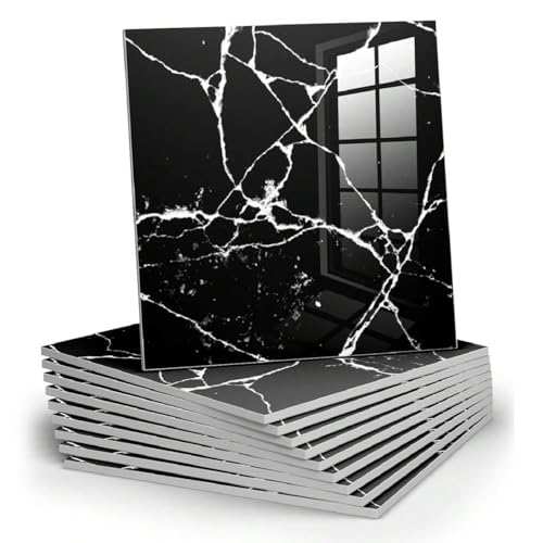 Chejiaye 10pcs Marble Peel and Stick Backsplash Waterproof Washroom Wall Panels, Peel and Stick Tile, PVC Wall Panels for Kitchen (Black Marble Tiles, 11.8' x 11.8' x2.5MM x 10Pack)