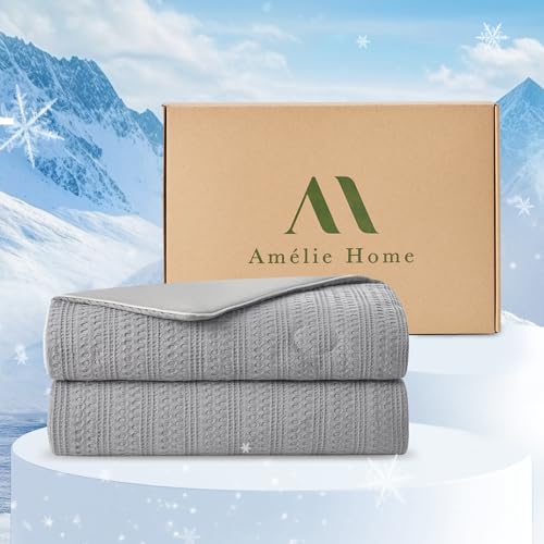 Amélie Home Waffle Cooling Comforter Queen Size, Q-Max 0.45 Reversible Lightweight Cooling Blanket...