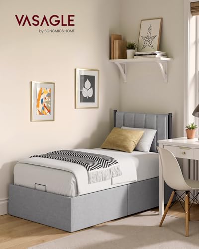 Image of VASAGLE Lift Up Storage Bed Frame, Twin Size, Upholstered Headboard