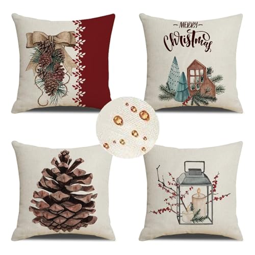 Outdoor Wetterfest Kissenbezug 45x45 cm 4er Set Beige Kissenbezüge Weihnachten Outdoor Kissen Wasserdicht Leinen Sofakissen Dekokissen für Garten Terrasse Bank Stuhl Outdoor Heimdekoration Geschenke