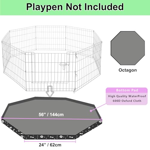 Image of Dog Playpen Bottom Pad for 24 inch Metal Octagon 8-Panel Pet Pen | Waterproof Reusable Dog Training Mat | Design with Elastic Buckle Connections (Note: Playpen Not Included) (Black)