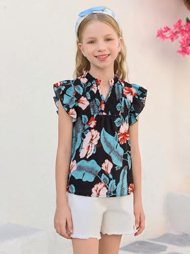 Image of Haloumoning Girls Ruffle Short Sleeve Floral Chiffon Blouses Kids Summer Shirts Tops 5-14 Years