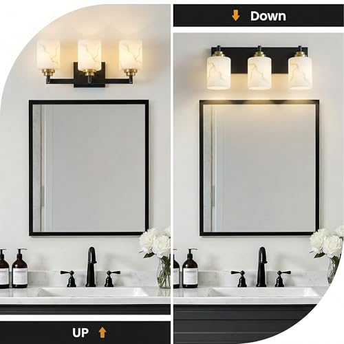 Image of 3-Light Bathroom Light Fixture, Black and Gold Modern Vanity Light with White Marble Glass Shade, for Bathroom Mirror, Living Room, Bedroom, Hallway, E26 Base, Extended Base