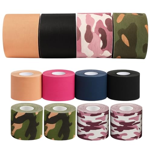 Rollos de Kinesiología – Lote de 12 cintas deportivas y faciales | 2,5 y 5 cm | Adhesivo elástico e impermeable | Camuflaje y colores sólidos | Transpirable, Hipoalergénico, Sin Residuos